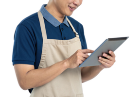 Smiling worker using tablet in cafe, showcasing food, technology, and customer service png