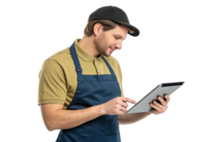 young man in uniform uses tablet, showcasing integration of food and technology in modern setting png
