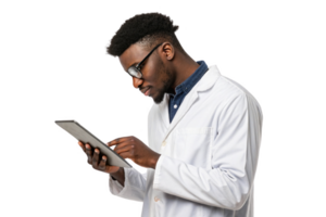 focused professional in lab coat using tablet, showcasing intersection of food and technology in modern research png