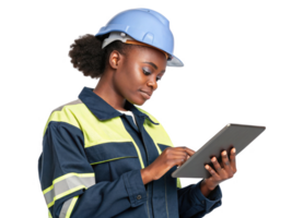 The construction worker using tablet, showcasing integration of food and technology in modern work environments png