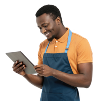 smiling man in apron using tablet, showcasing food, technology in modern setting png