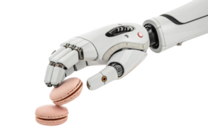 robotic hand delicately picks up pink macarons, showcasing blend of food and technology in modern setting png