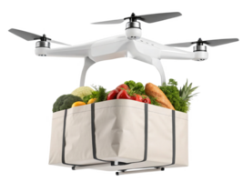 Drone delivering fresh food, technology enhancing grocery shopping experience with convenience and efficiency png
