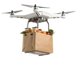 drone carrying groceries showcases intersection of food and technology, highlighting modern delivery methods png