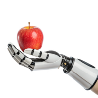 robotic hand holds fresh red apple, symbolizing intersection of food and technology. This evokes curiosity about innovation png