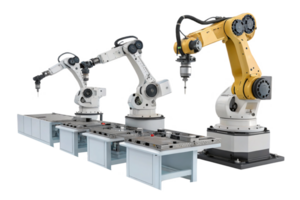 Automated robots in manufacturing setting, showcasing advanced technology and precision in food production png