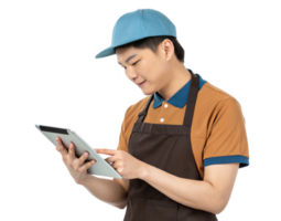 young worker using tablet in cafe, showcasing food, technology, and customer service skills png