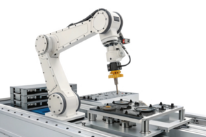 Automated robotic arm manufacturing setting, showcasing precision handling components, integrating food, technology png