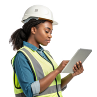 construction worker using tablet, showcasing integration of food and technology in modern work environment png