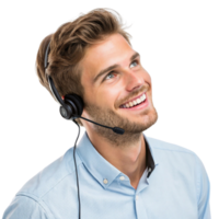 Smiling man with headset, looking up, engaged conversation, technical support, customer service, professional appearance png