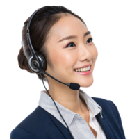 Smiling customer service representative wearing headset, providing technical support with friendly demeanor png