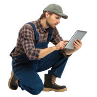 man in work attire is using tablet while kneeling, showcasing blend of food and technology in modern setting png