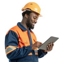 smiling worker in orange and blue uniform using tablet, showcasing food, technology in modern setting png