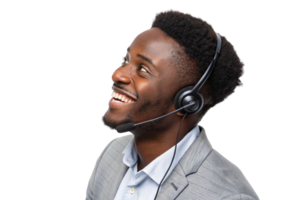 smiling man wearing headset in professional setting, showcasing technical support and customer service skills png