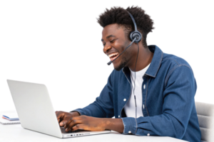 young man with headset is smiling while working laptop, showcasing positive and engaging atmosphere technical support setting png