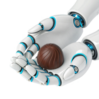 robotic hand delicately holds chocolate truffle, showcasing blend of food and technology in futuristic setting png