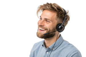 Smiling man with headset providing technical support, showcasing friendly demeanor and professionalism in customer service png
