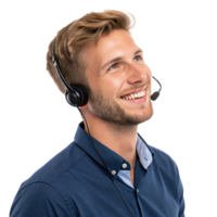 Smiling man with headset, providing technical support and assistance, showcasing friendly demeanor and professionalism png