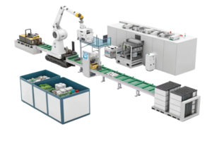 Automated manufacturing system with robotic arm, conveyor belts, and modular components for efficient production png