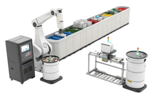 Automated sorting system with robotic arm, conveyor belt, and waste bins for efficient recycling and waste management png