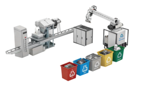 Automated recycling system with robotic arm, conveyor, and color coded bins for waste separation. Efficient waste management png