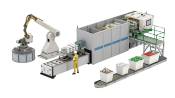 Automated production line with robotic arm, worker, and containers for efficient processing and packaging of goods png