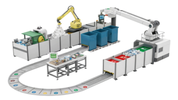 Automated recycling facility with robotic arms sorting materials efficiently, showcasing modern waste management system png