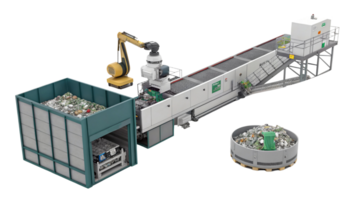 Automated waste sorting system with conveyor, robotic arm, and storage containers for efficient recycling and waste management png