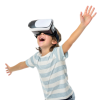 Excited child wearing virtual reality headset, experiencing immersive school technology, arms raised in joy and wonder png