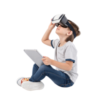 young boy is engaged immersive experience using virtual reality technology while seated floor, holding tablet. His expression shows curiosity and png