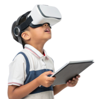 Young boy using virtual reality headset, exploring school technology with excitement and curiosity, holding tablet in his hands png