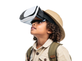 child wearing virtual reality headset, exploring immersive experiences in school, technology, and learning environments png