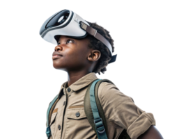 joven chico vistiendo virtual realidad auriculares, explorador inmersivo experiencias en escuela, tecnología, y aprendizaje ambientes png