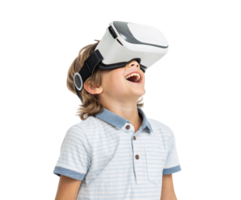 Excited child wearing virtual reality headset, exploring immersive school technology experiences, showcasing joy and curiosity in learning png