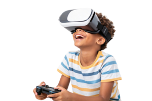 Child enjoying virtual reality experience with headset, gaming controller in hand, immersed in technology and school learning png