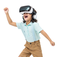 joyful child wearing virtual reality goggles, experiencing technology school setting. excitement is palpable as they engage with digital content png