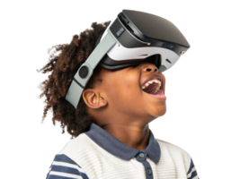 Excited child wearing virtual reality headset, experiencing immersive school technology and joy. Engaging with innovative learning tools png