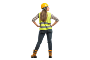 confident tech worker stands with hands on hips, wearing safety vest and hard hat, ready for job ahead png