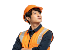 confiante tecnologia trabalhador dentro laranja segurança colete e capacete, olhando para cima com pensativo expressão, pronto para desafios png
