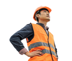 confident tech worker in orange safety vest and helmet stands with thoughtful expression, showcasing professionalism and readiness png