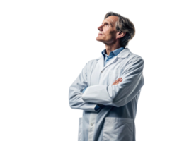 The thoughtful scientist in lab coat gazes upward, reflecting on advancements in biotechnology and innovation. png