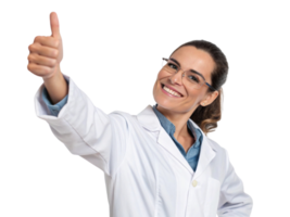 Smiling female scientist in lab coat giving thumbs up, representing positivity and innovation in biotechnology png