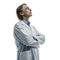 Scientist in lab coat, showcasing confidence and curiosity in biotechnology research, with thoughtful expression and crossed arms png
