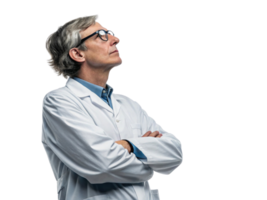 The thoughtful scientist in lab coat, contemplating advancements in biotechnology and research. His expression reflects curiosity and determination png