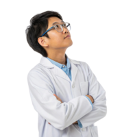 Young scientist in lab coat, contemplating future of biotechnology with curiosity and ambition png