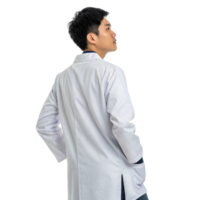 young male scientist in lab coat stands confidently, showcasing professional demeanor in biotechnology setting png
