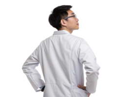 Young male scientist in lab coat, showcasing thoughtful pose, representing innovation in biotechnology and research png