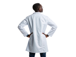 confident scientist in white lab coat stands with hands on hips, showcasing sense of determination and professionalism in biotechnology png