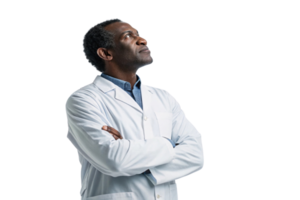 A thoughtful scientist in lab coat gazes upward, reflecting on advancements in biotechnology and innovation. png