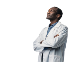 thoughtful scientist in lab coat reflects on biotechnology advancements, showcasing innovation and dedication png